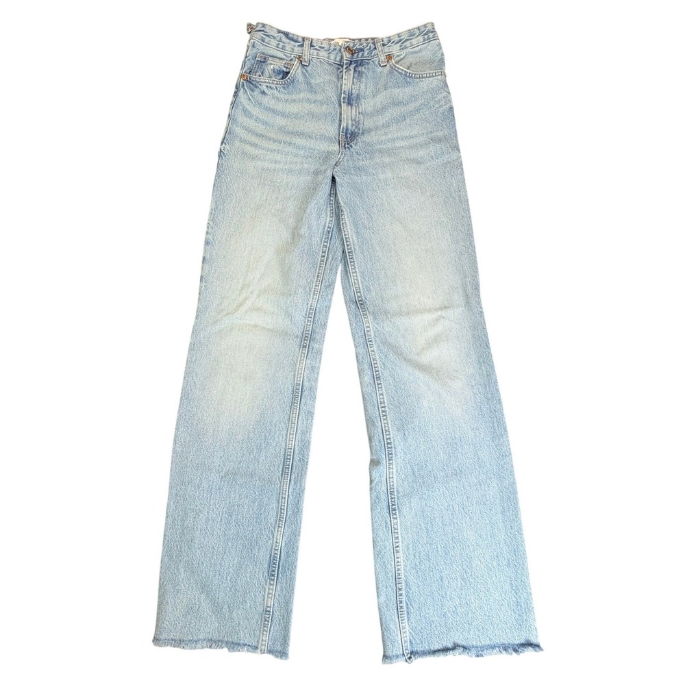 Zara Wide Leg Jeans Womens 6 Light Blue High Rise Raw Hem Denim